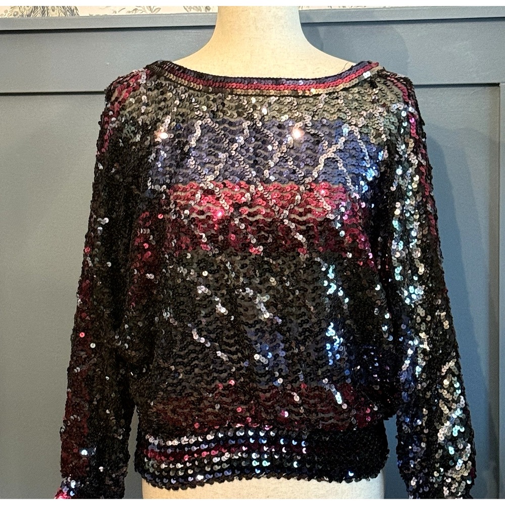 Vintage Party‎ Collectibles Sequin Dolman Sleeve Top – Size Medium – 80s V Back